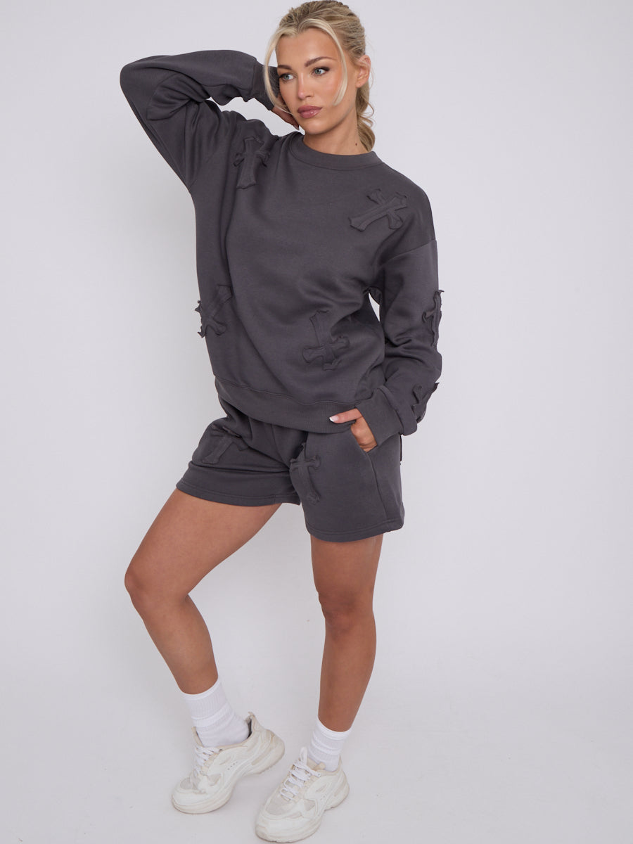 Crucifix Embroidered Sweatshirt & Shorts Fleece Co-ord