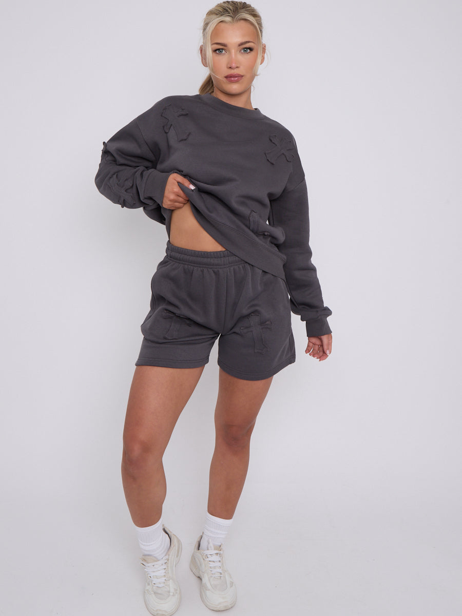 Crucifix Embroidered Sweatshirt & Shorts Fleece Co-ord