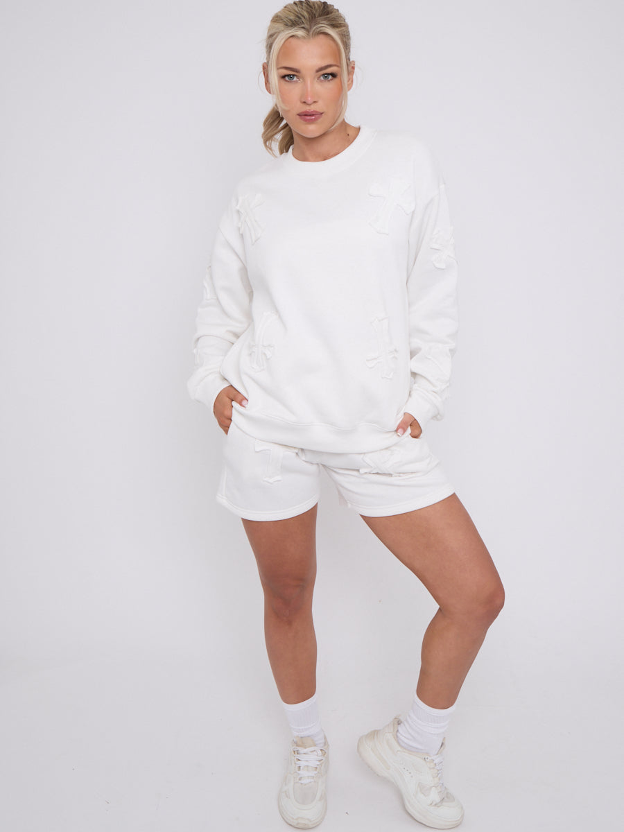 Crucifix Embroidered Sweatshirt & Shorts Fleece Co-ord