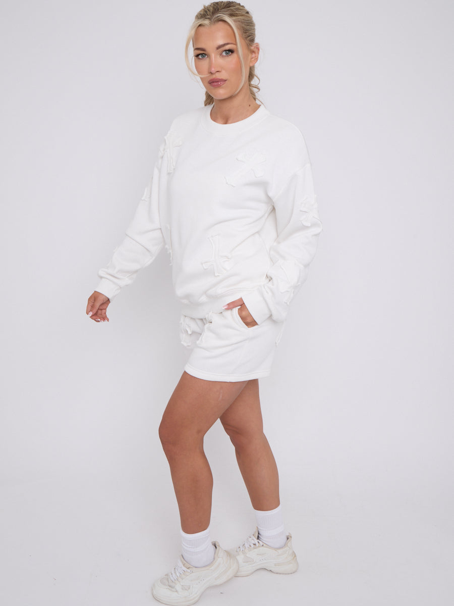 Crucifix Embroidered Sweatshirt & Shorts Fleece Co-ord