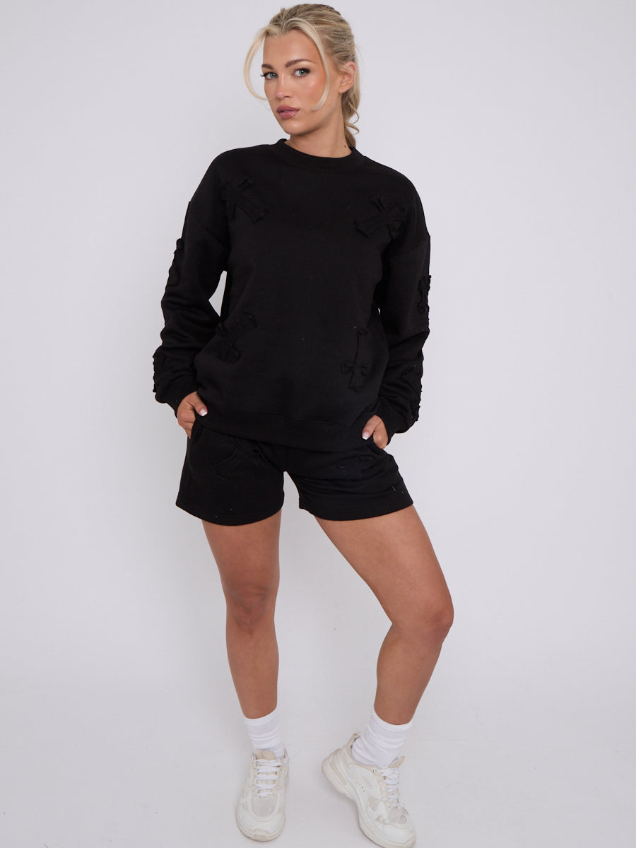 Crucifix Embroidered Sweatshirt & Shorts Fleece Co-ord