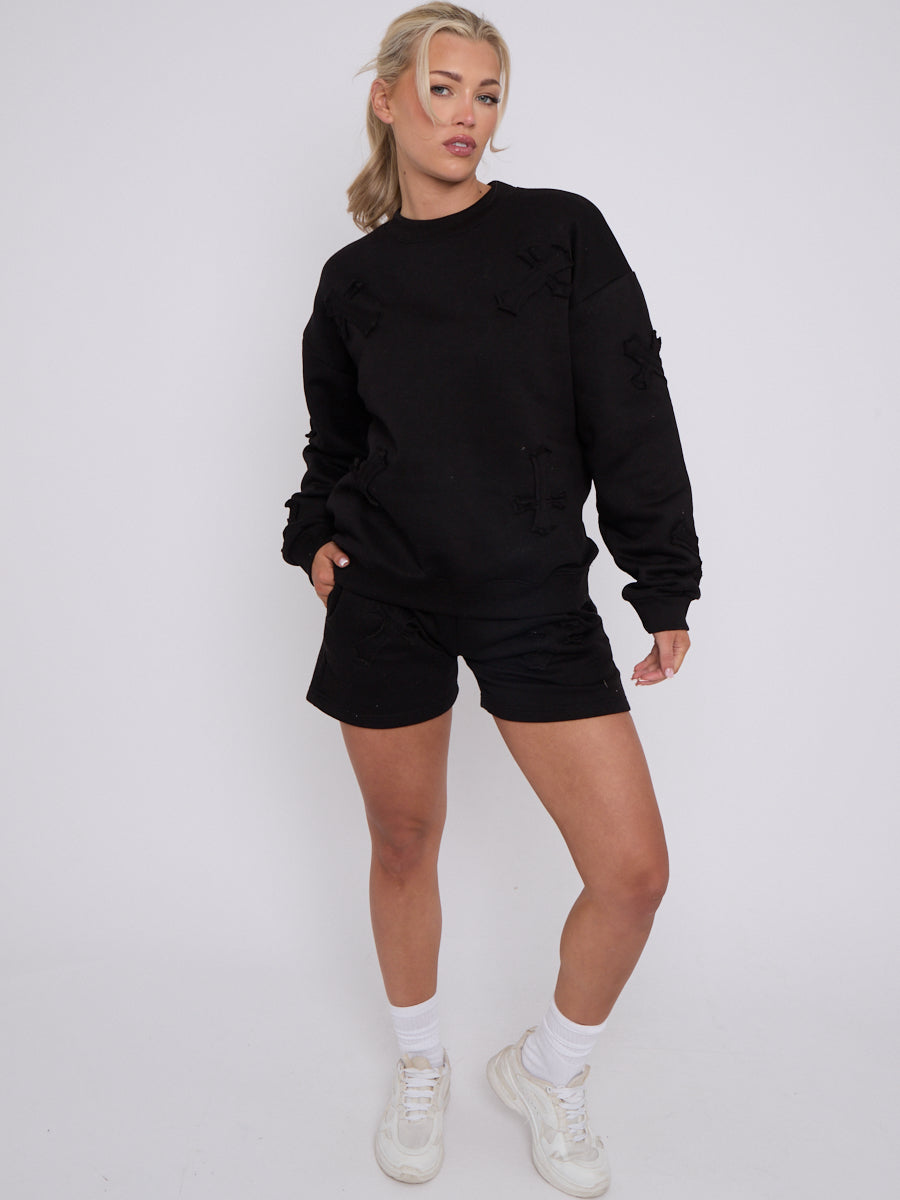 Crucifix Embroidered Sweatshirt & Shorts Fleece Co-ord