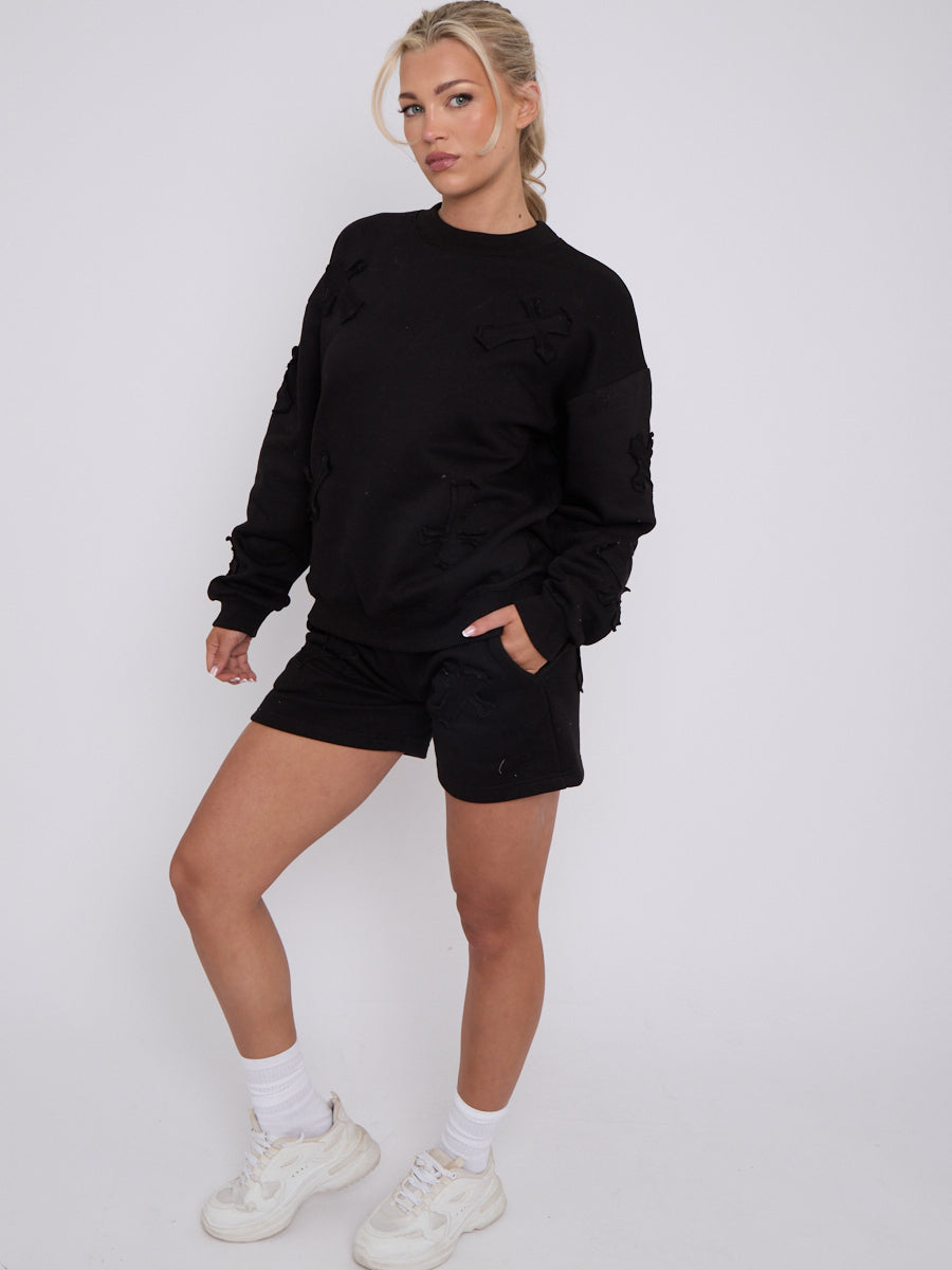 Crucifix Embroidered Sweatshirt & Shorts Fleece Co-ord