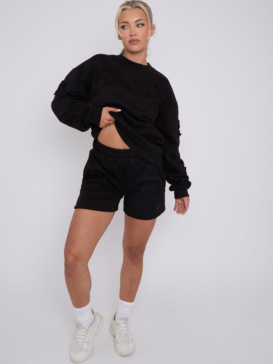 Crucifix Embroidered Sweatshirt & Shorts Fleece Co-ord