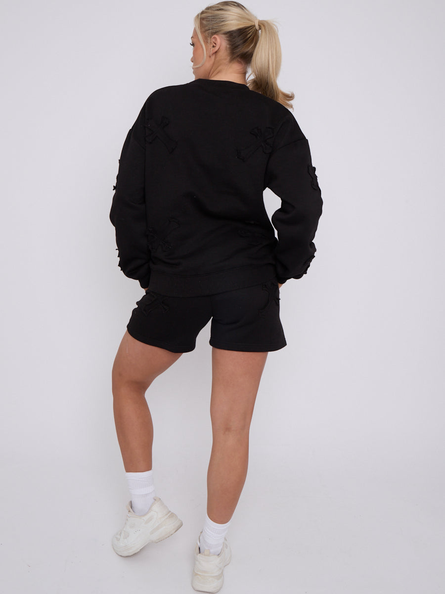 Crucifix Embroidered Sweatshirt & Shorts Fleece Co-ord
