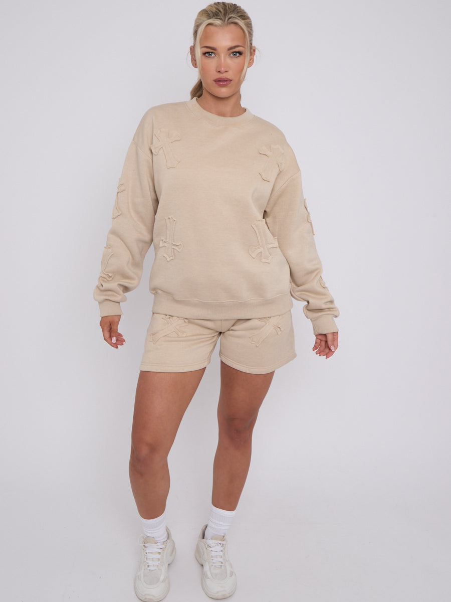 Crucifix Embroidered Sweatshirt & Shorts Fleece Co-ord
