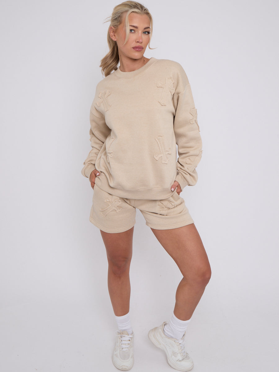 Crucifix Embroidered Sweatshirt & Shorts Fleece Co-ord