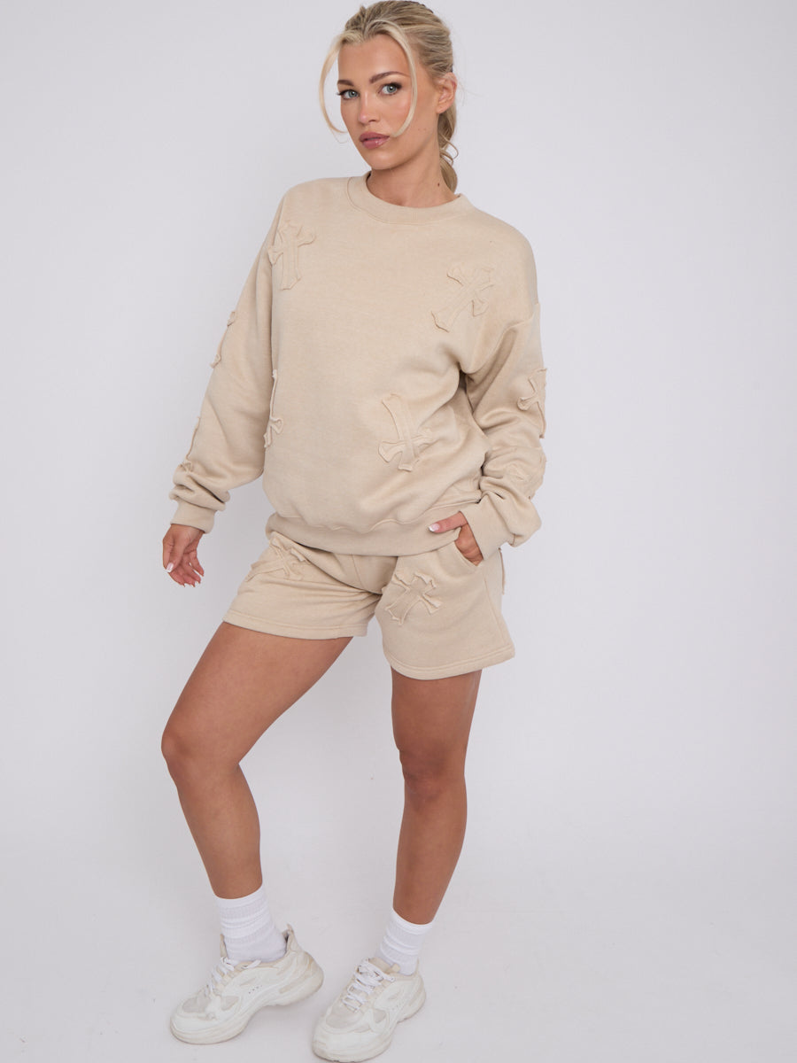 Crucifix Embroidered Sweatshirt & Shorts Fleece Co-ord