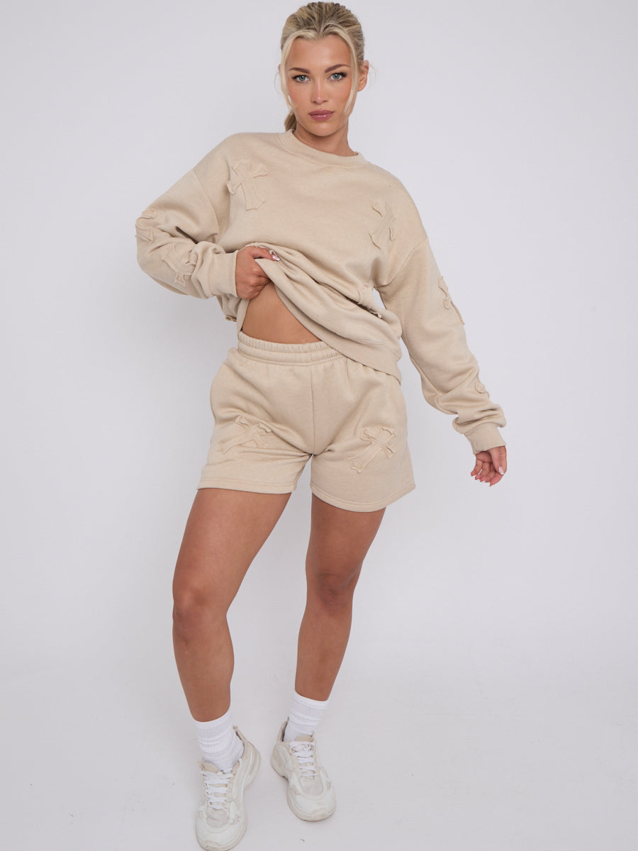 Crucifix Embroidered Sweatshirt & Shorts Fleece Co-ord