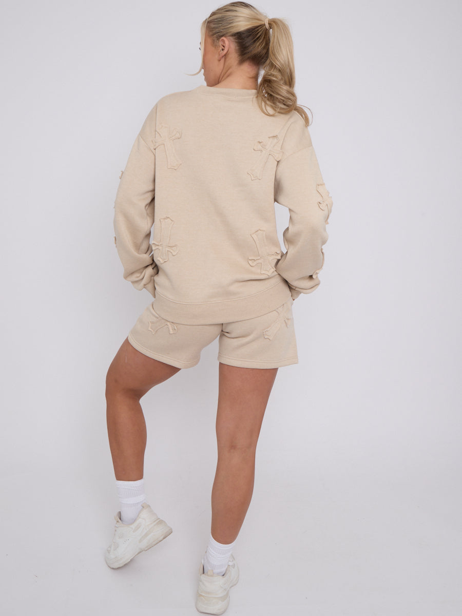 Crucifix Embroidered Sweatshirt & Shorts Fleece Co-ord