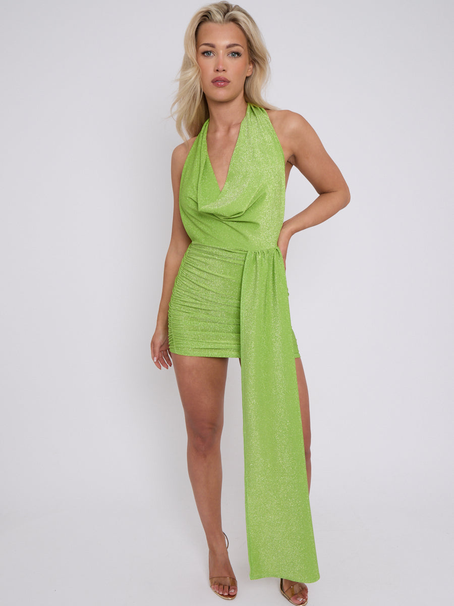 Lurex Halter Cowl Neck Ruched Dress With Drape Detail
