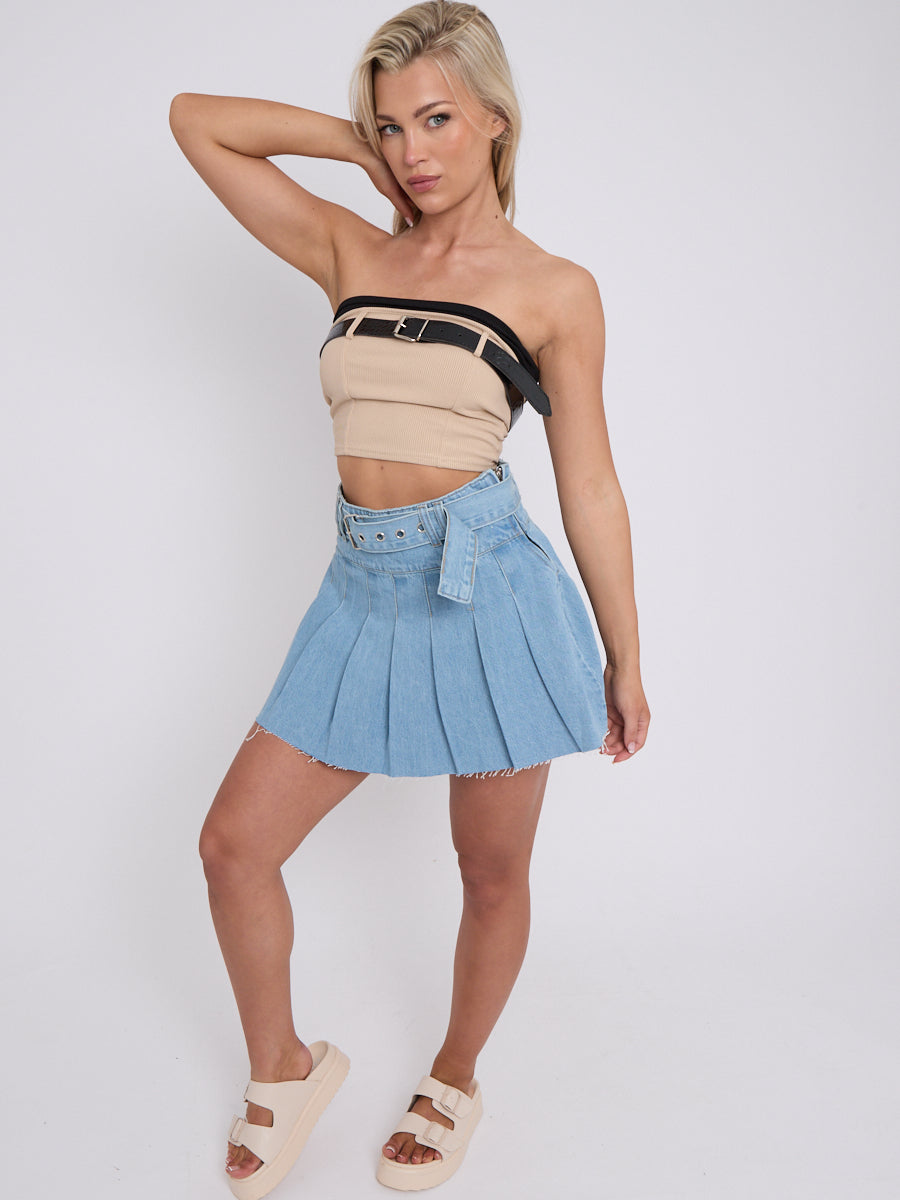 Belted Ribbed Bandeau Crop Top
