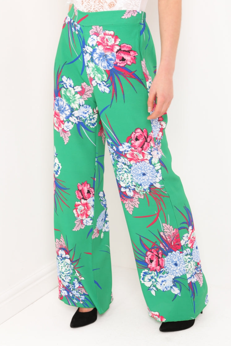 Botanical Floral Print Wide Leg Trousers
