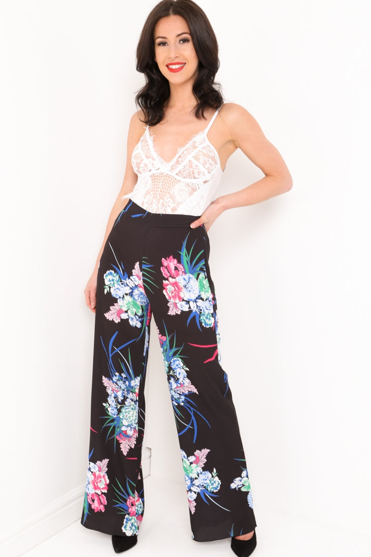 Botanical Floral Print Wide Leg Trousers