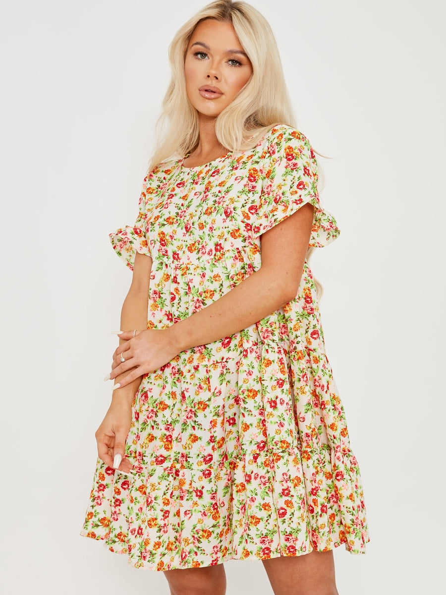 Ditsy Rose Print Frill Tiered Smock Dress