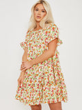 Ditsy Rose Print Frill Tiered Smock Dress
