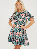 Tropical Print Frill Tiered Smock Dress