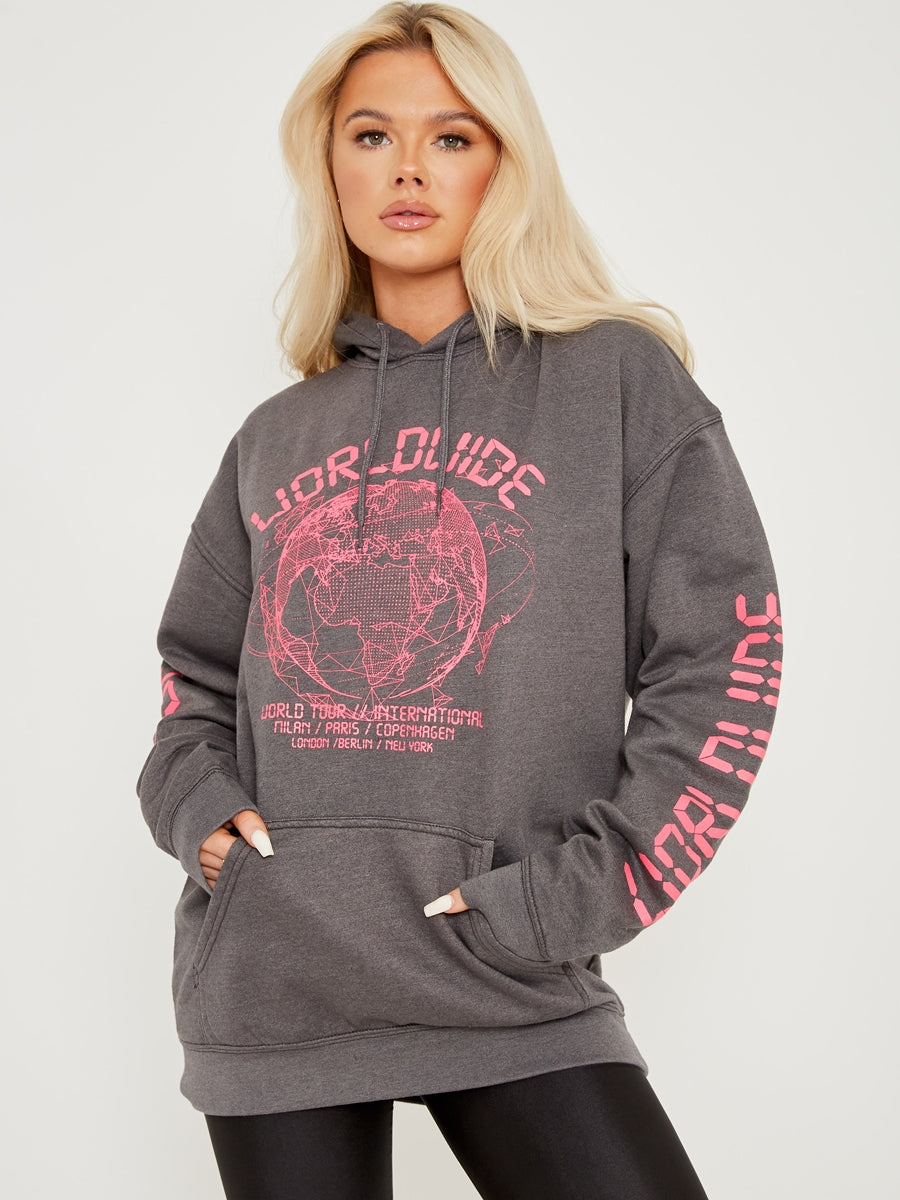 Worldwide Graphic Printed Fleeced Hoodie