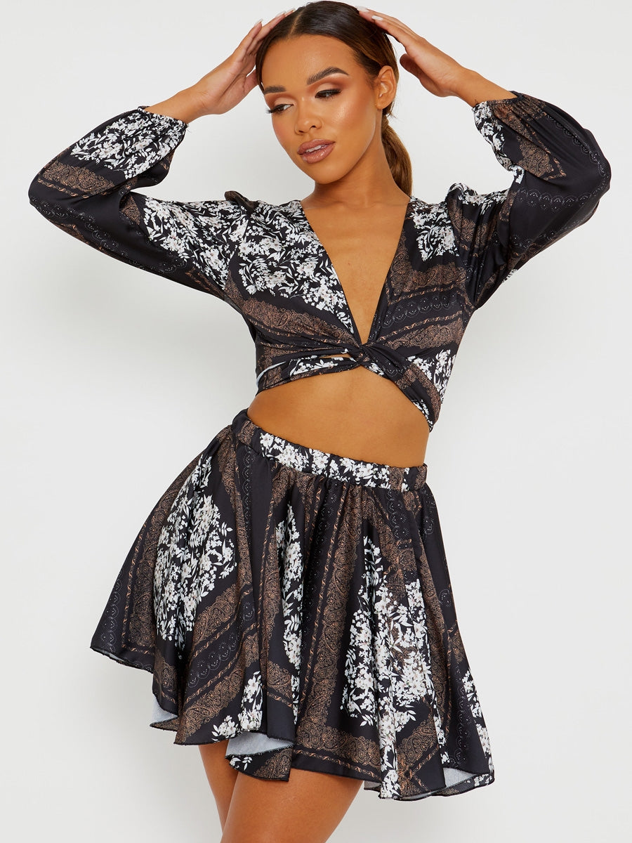 Floral Print Satin Crop Top & Skirt Co-ord
