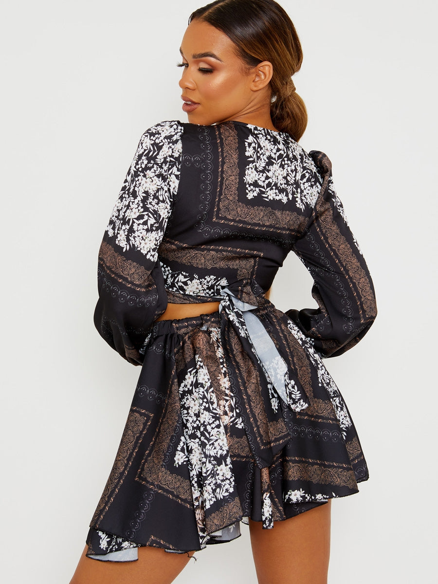 Floral Print Satin Crop Top & Skirt Co-ord