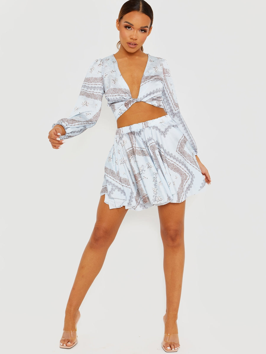 Floral Print Satin Crop Top & Skirt Co-ord