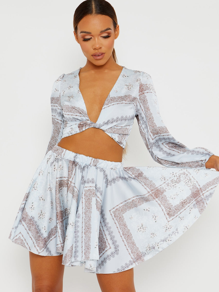 Floral Print Satin Crop Top & Skirt Co-ord