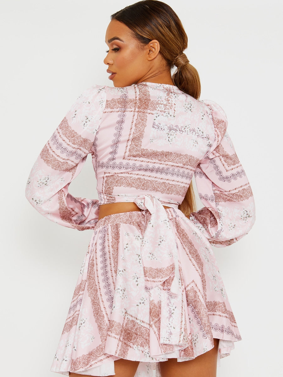Floral Print Satin Crop Top & Skirt Co-ord