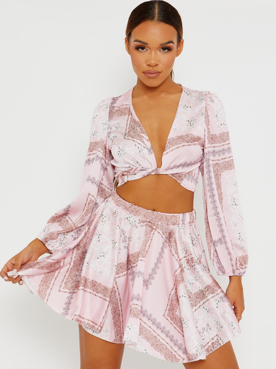 Floral Print Satin Crop Top & Skirt Co-ord