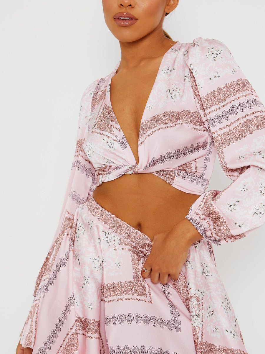 Floral Print Satin Crop Top & Skirt Co-ord