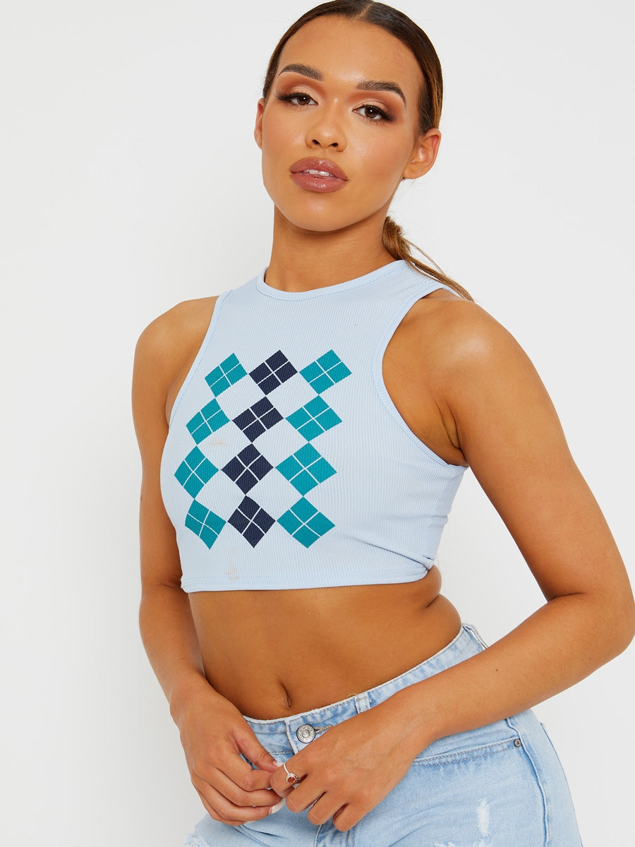 Argyle Print Ribbed Tank Crop Top