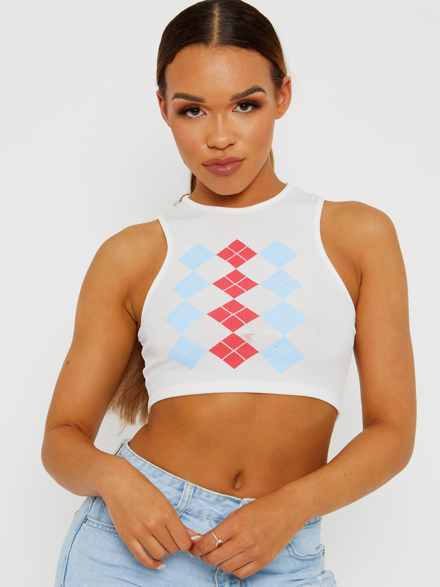 Argyle Print Ribbed Tank Crop Top