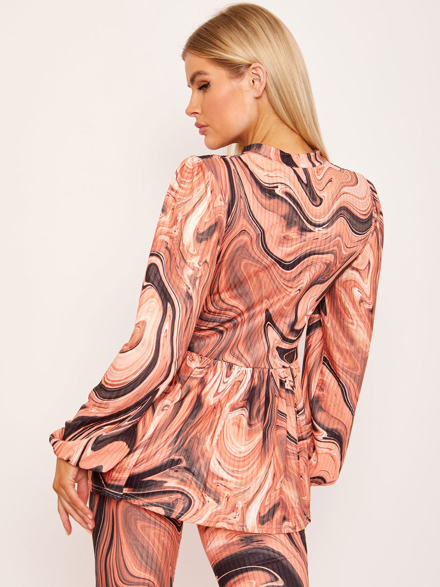 Marble Print Peplum Top & Flared Trouser Co-ord