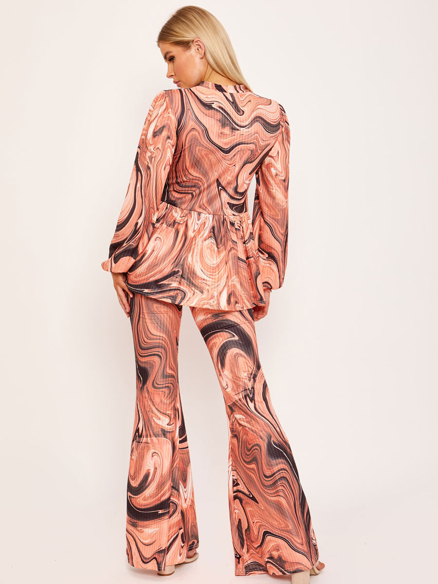 Marble Print Peplum Top & Flared Trouser Co-ord