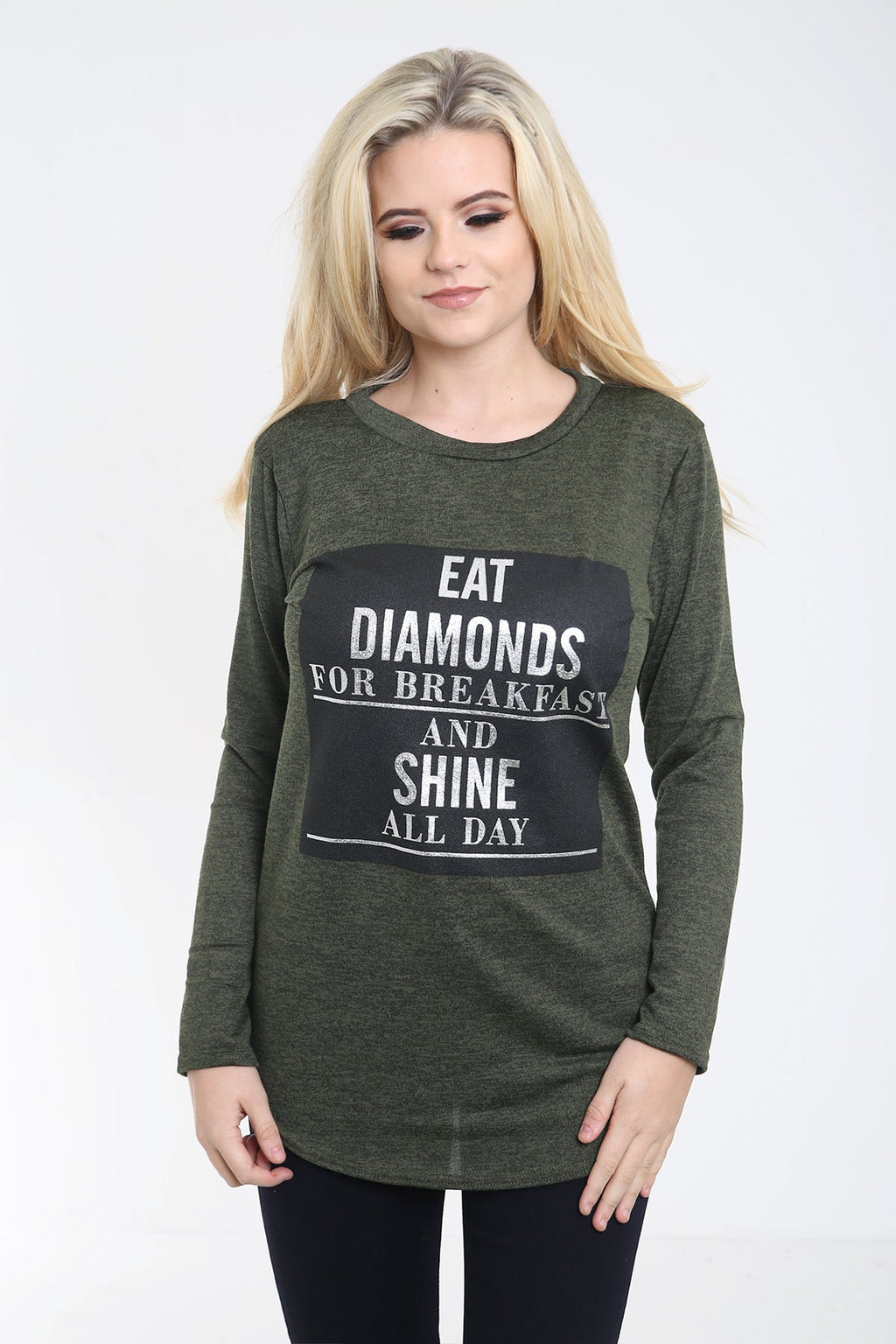 Melange Knit Eat Diamonds Print Long Sleeve Top