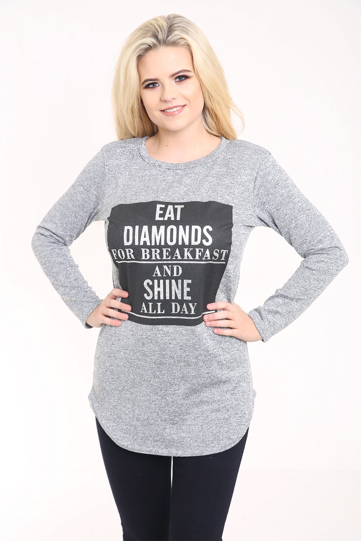 Melange Knit Eat Diamonds Print Long Sleeve Top