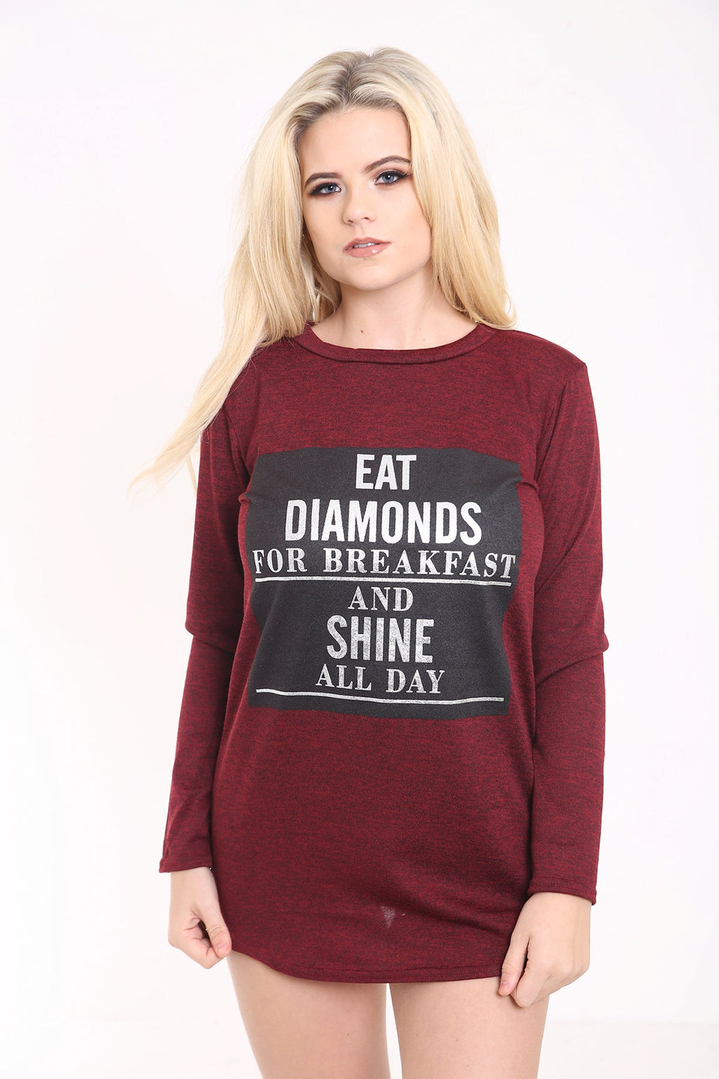 Melange Knit Eat Diamonds Print Long Sleeve Top