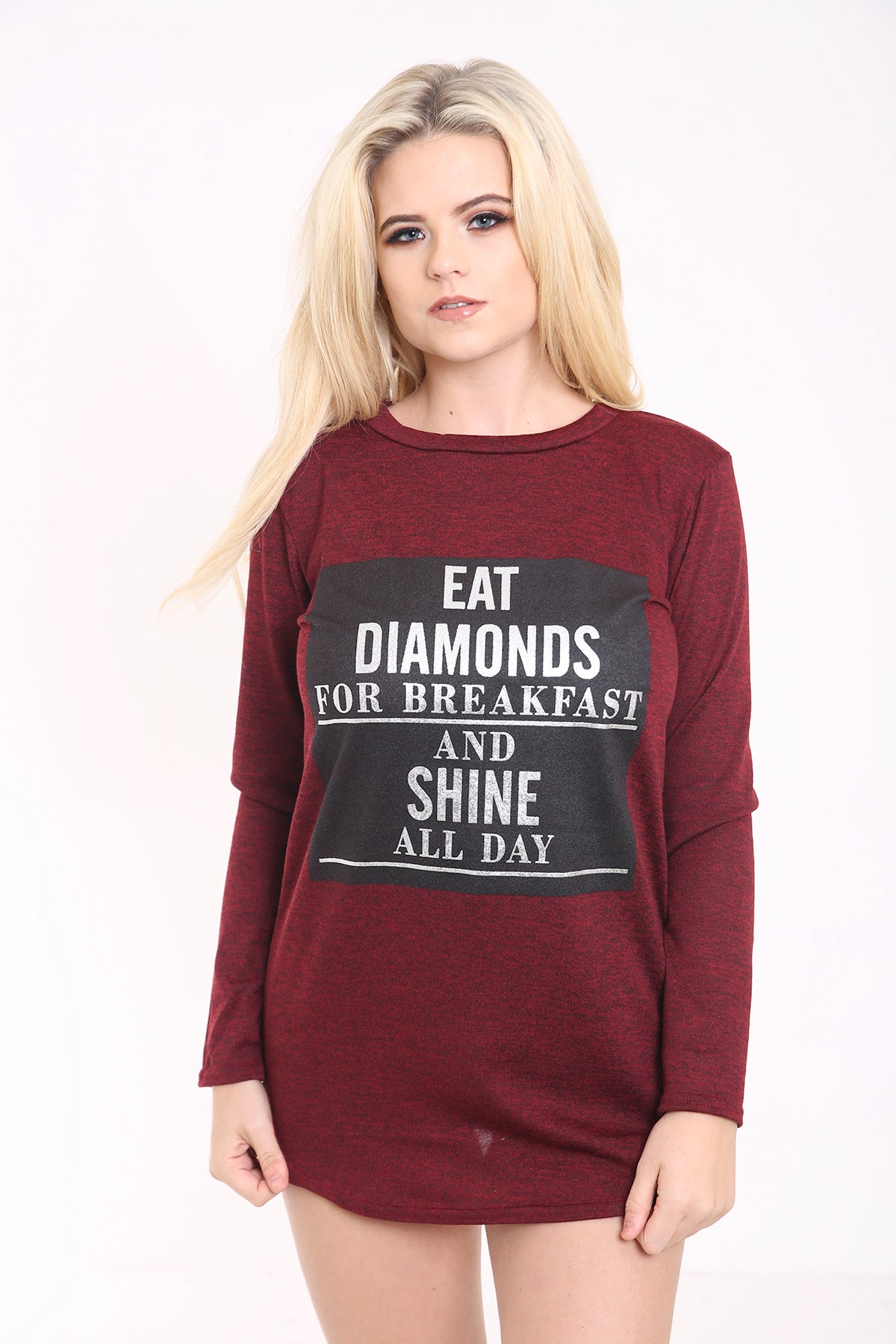 Melange Knit Eat Diamonds Print Long Sleeve Top
