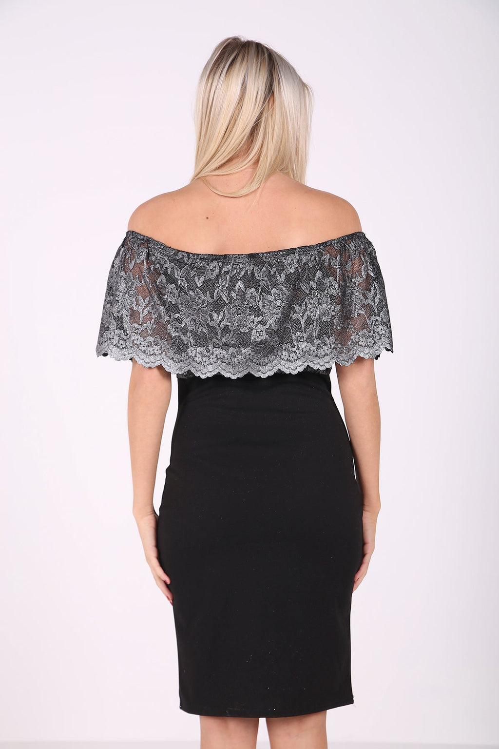 Metallic Lace Frill Bardot Dress