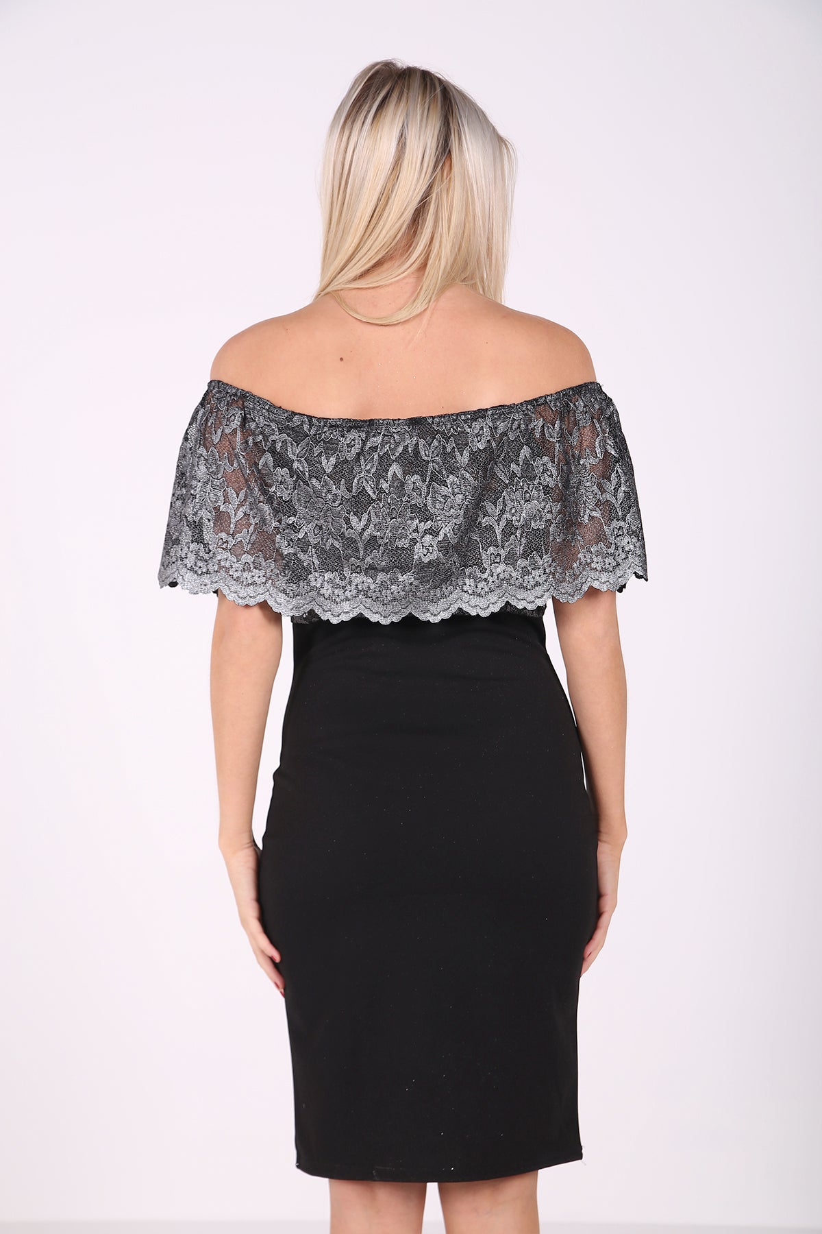 Metallic Lace Frill Bardot Dress