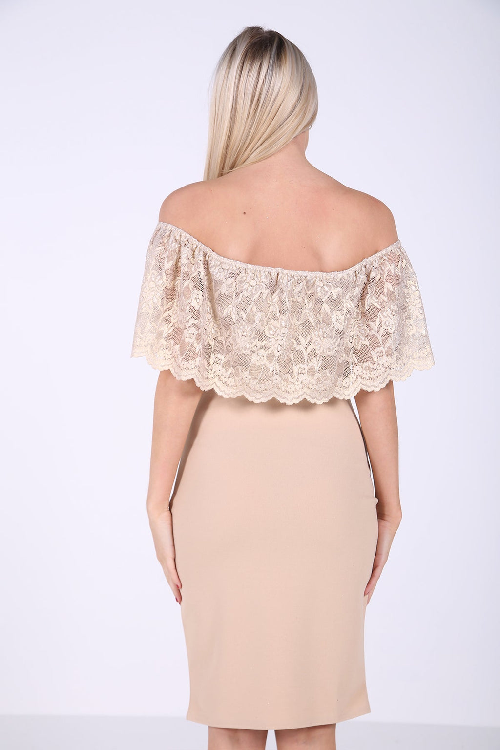 Metallic Lace Frill Bardot Dress