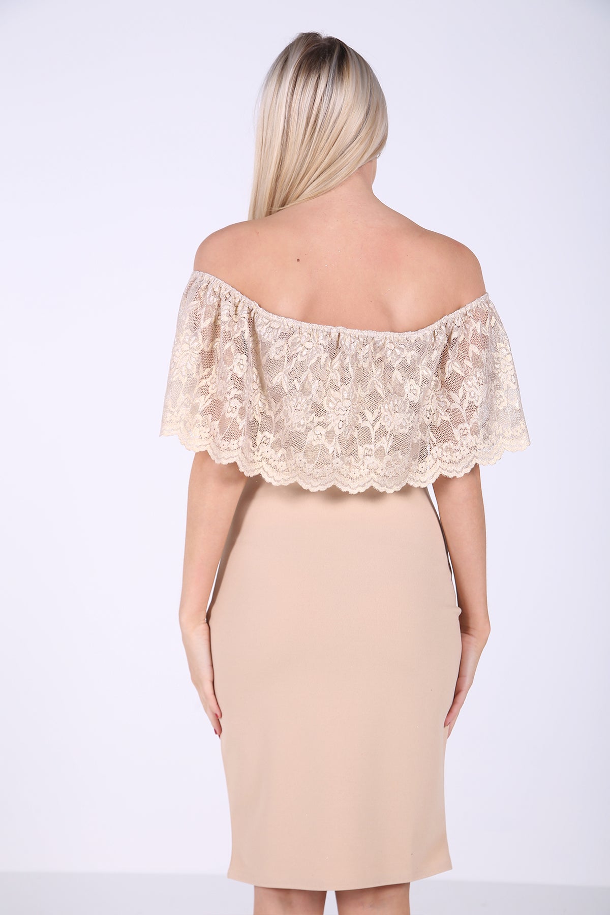 Metallic Lace Frill Bardot Dress