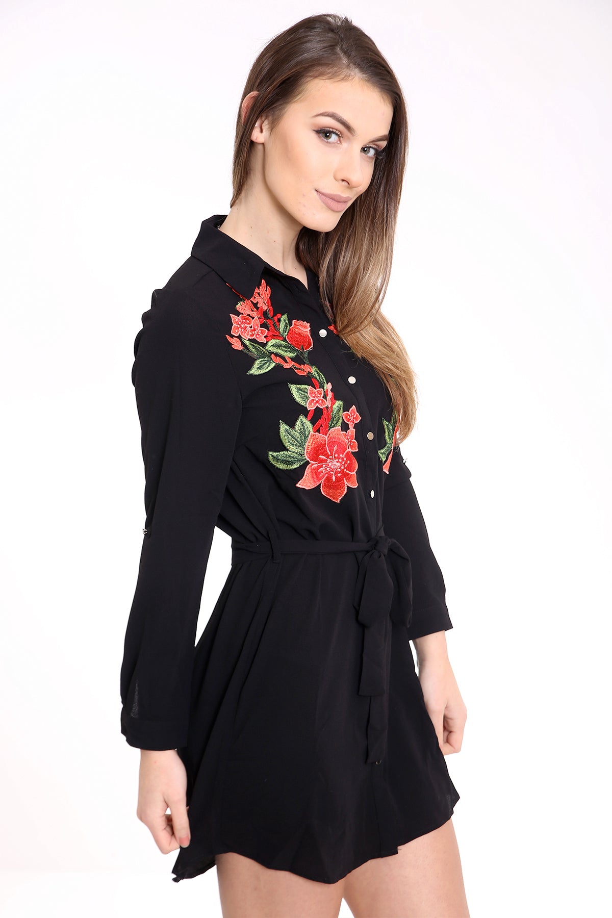 Botanic Red Floral Embroidered Shirt Dress