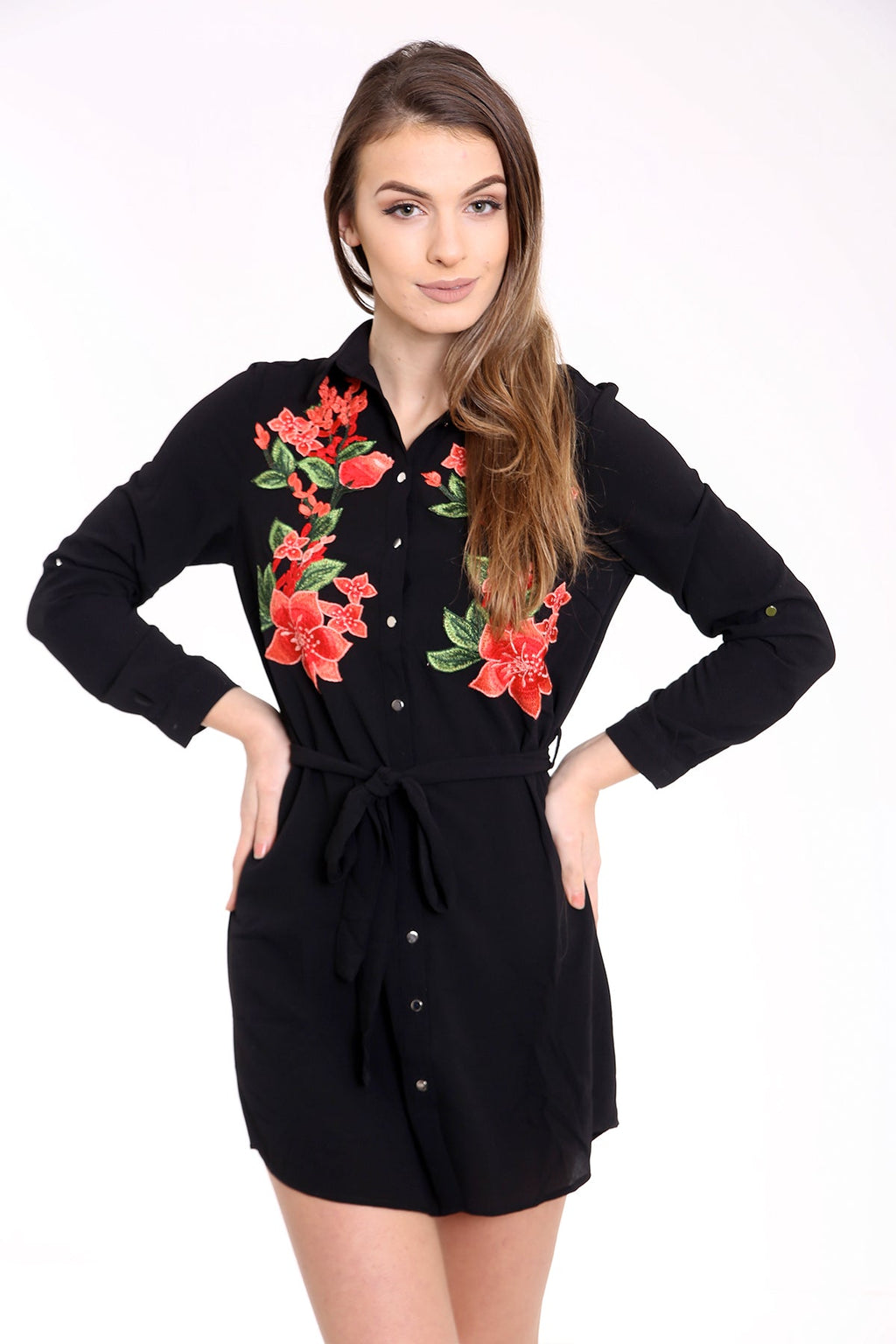 Botanic Red Floral Embroidered Shirt Dress