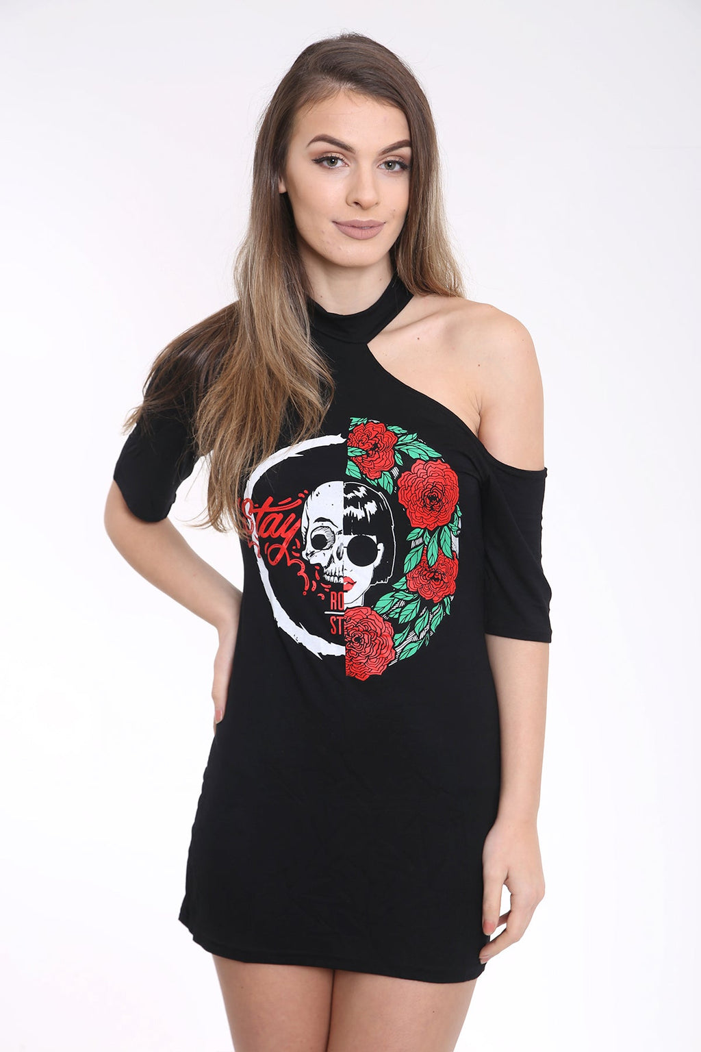 Cut Shoulder Skull Girl Printed Longline T Shirt Dress