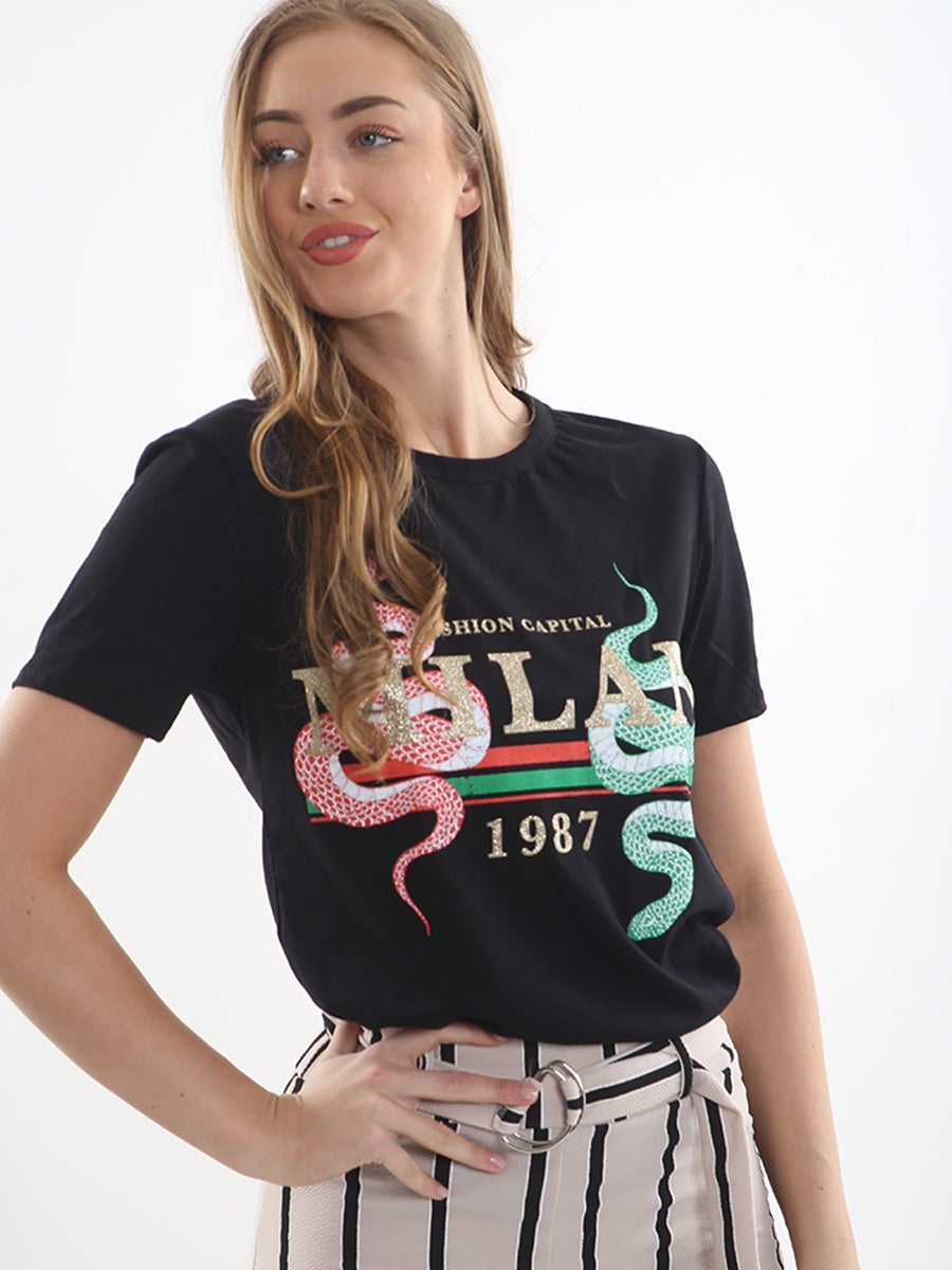 Snake Print Milan Slogan T-Shirt
