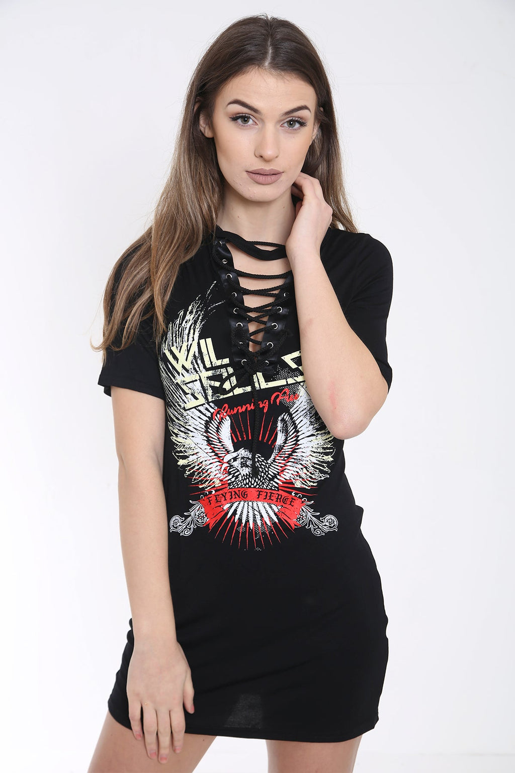 Lace Up Wild Souls Print Longline T Shirt Dress