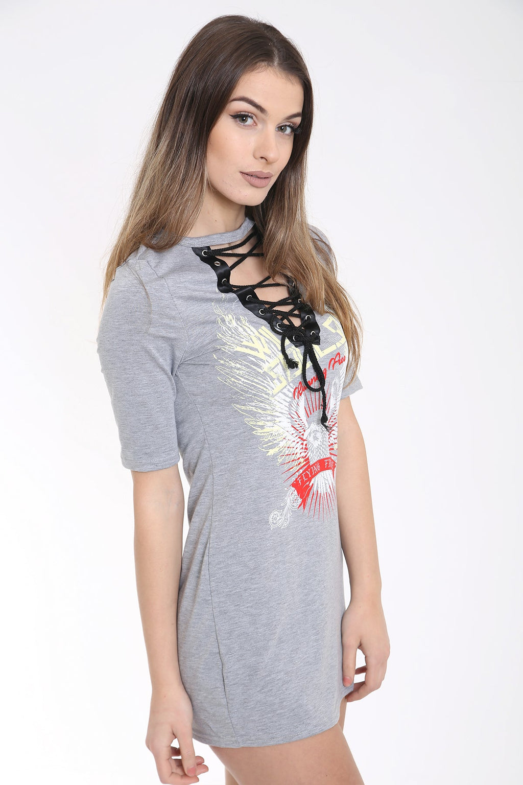 Lace Up Wild Souls Print Longline T Shirt Dress