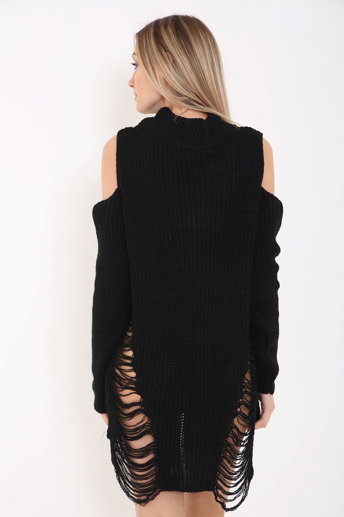 Cold Shoulder Choker Neck Ripped Ladder Distress Knitted Jumper