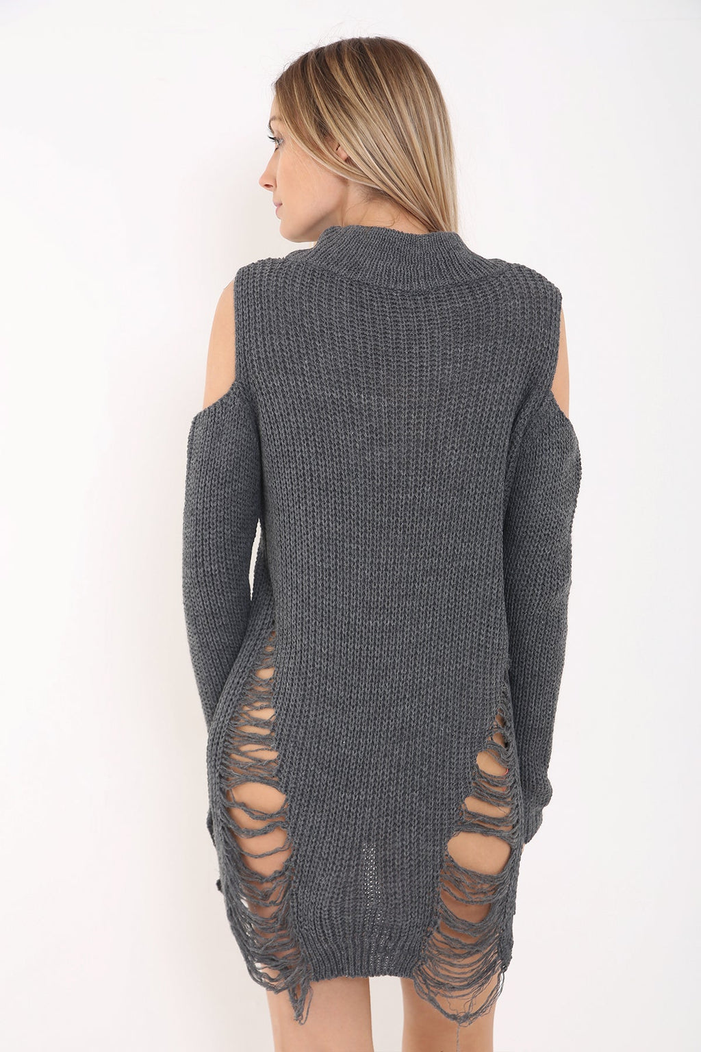 Cold Shoulder Choker Neck Ripped Ladder Distress Knitted Jumper