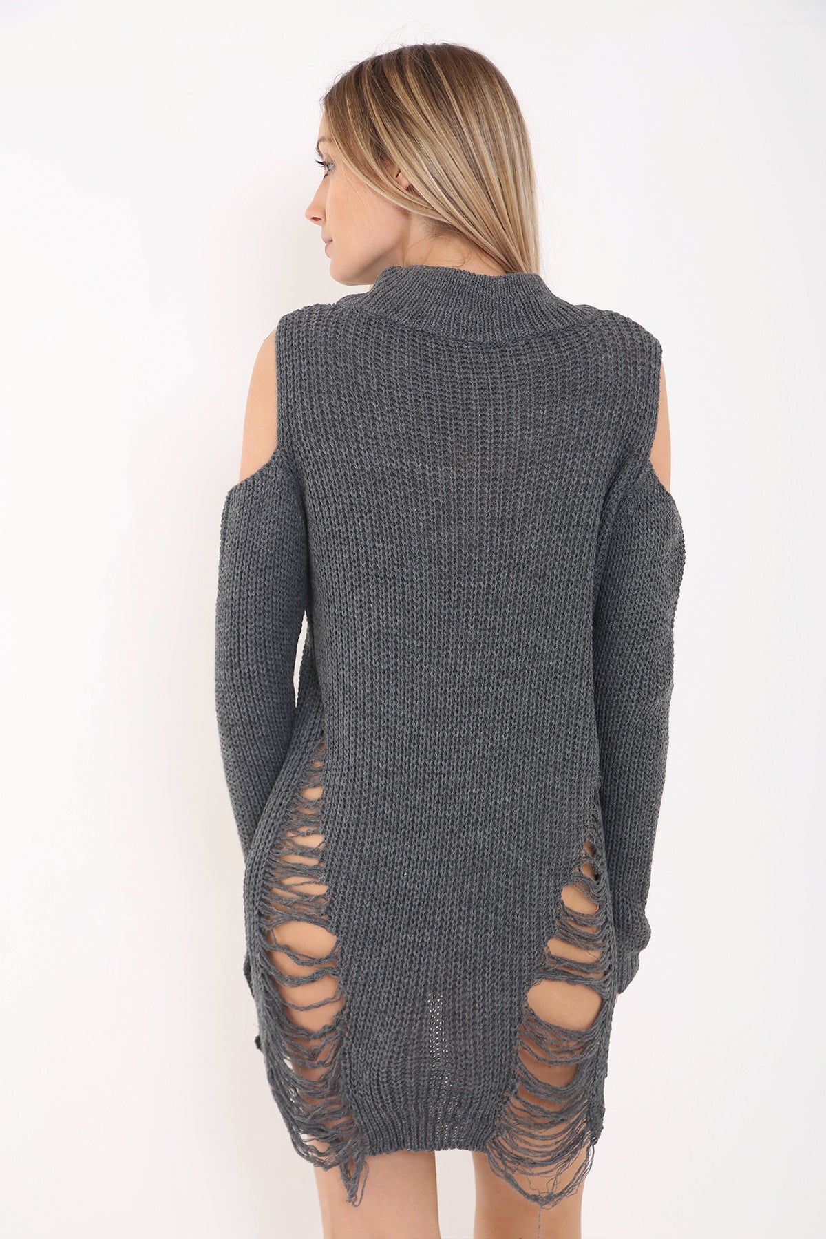 Cold Shoulder Choker Neck Ripped Ladder Distress Knitted Jumper
